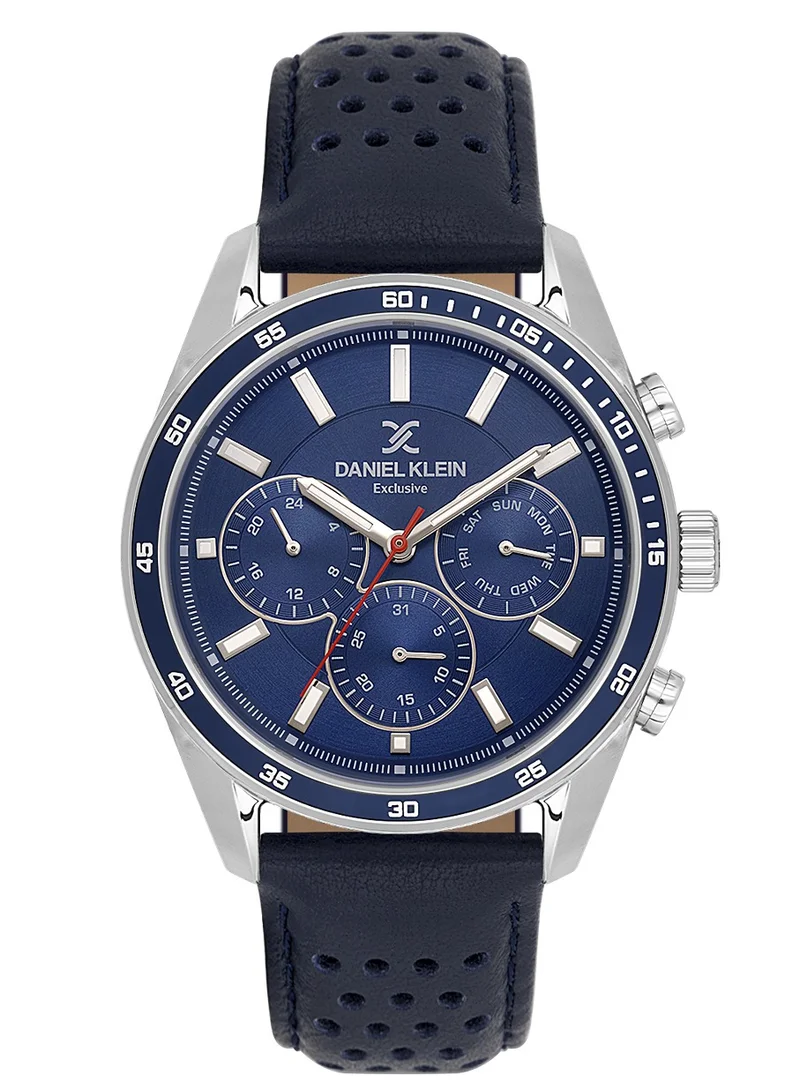 DANIEL KLEIN Men's Leather Silver Alloy Case Analog Dark Blue Round Sunray Dial Japanese Quartz Exclusive 50 Meters Water Resistant
